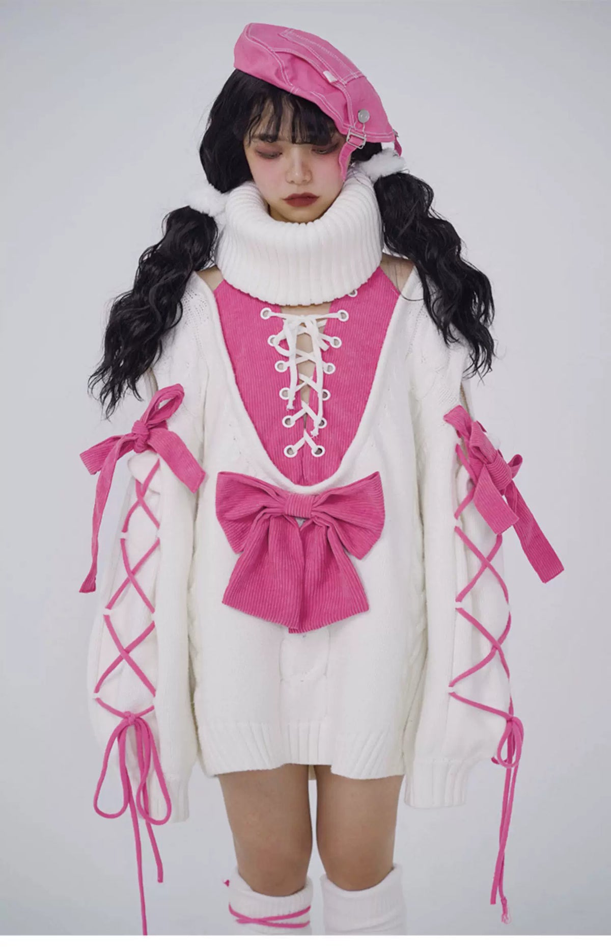 Oversize Fake Layered Bow Knit Sweater