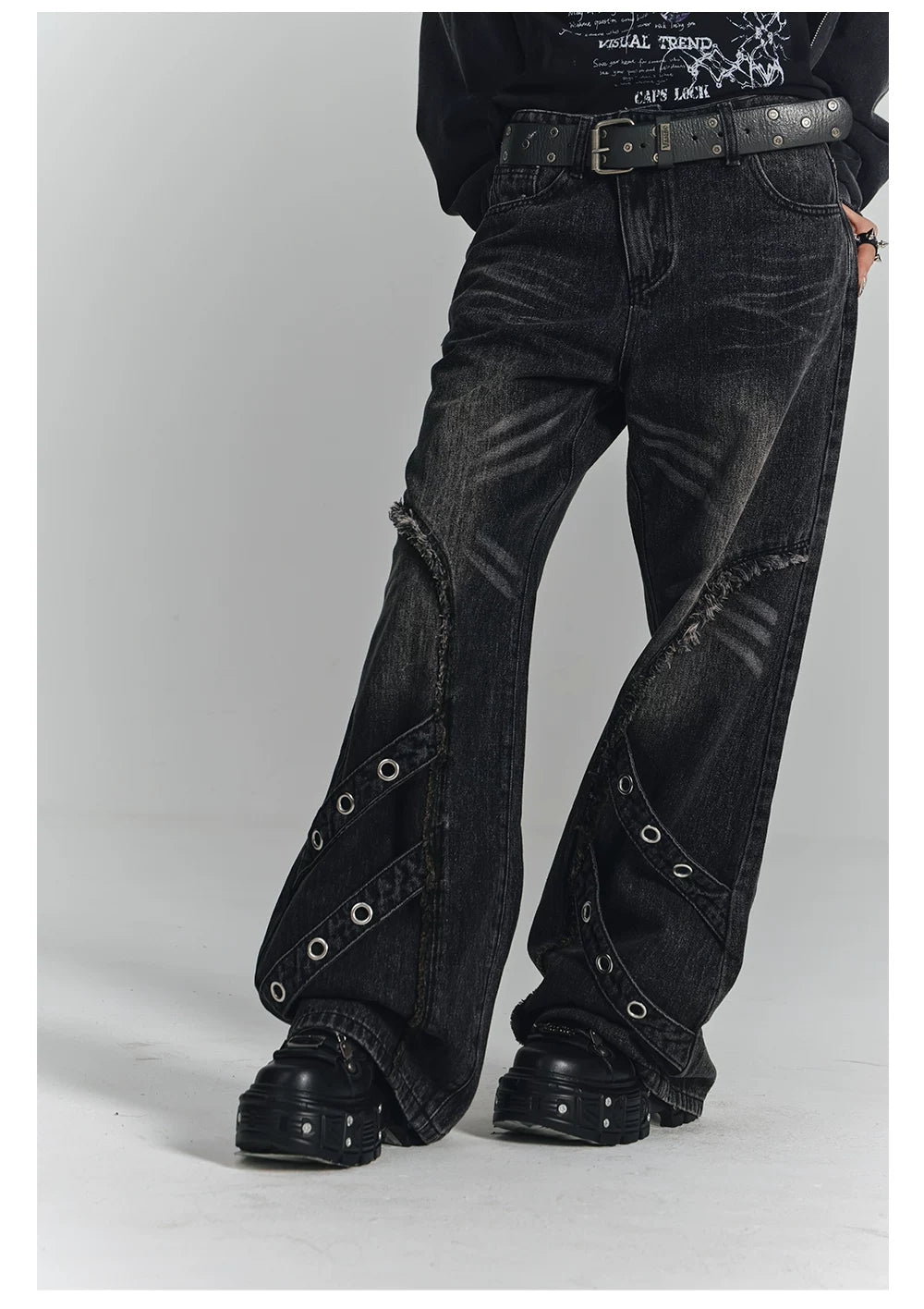 Washed Frayed Wide-Leg Straight Denim Jeans