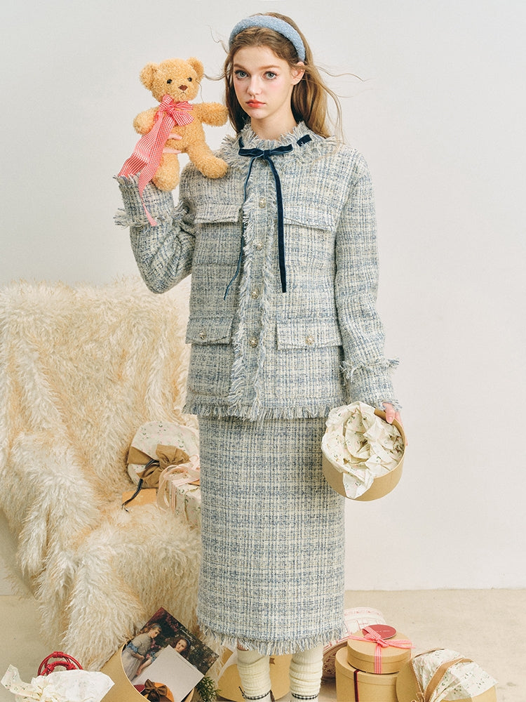 Bow Jacquard Jacket & Tassel Jacquard Short Skirt Setup