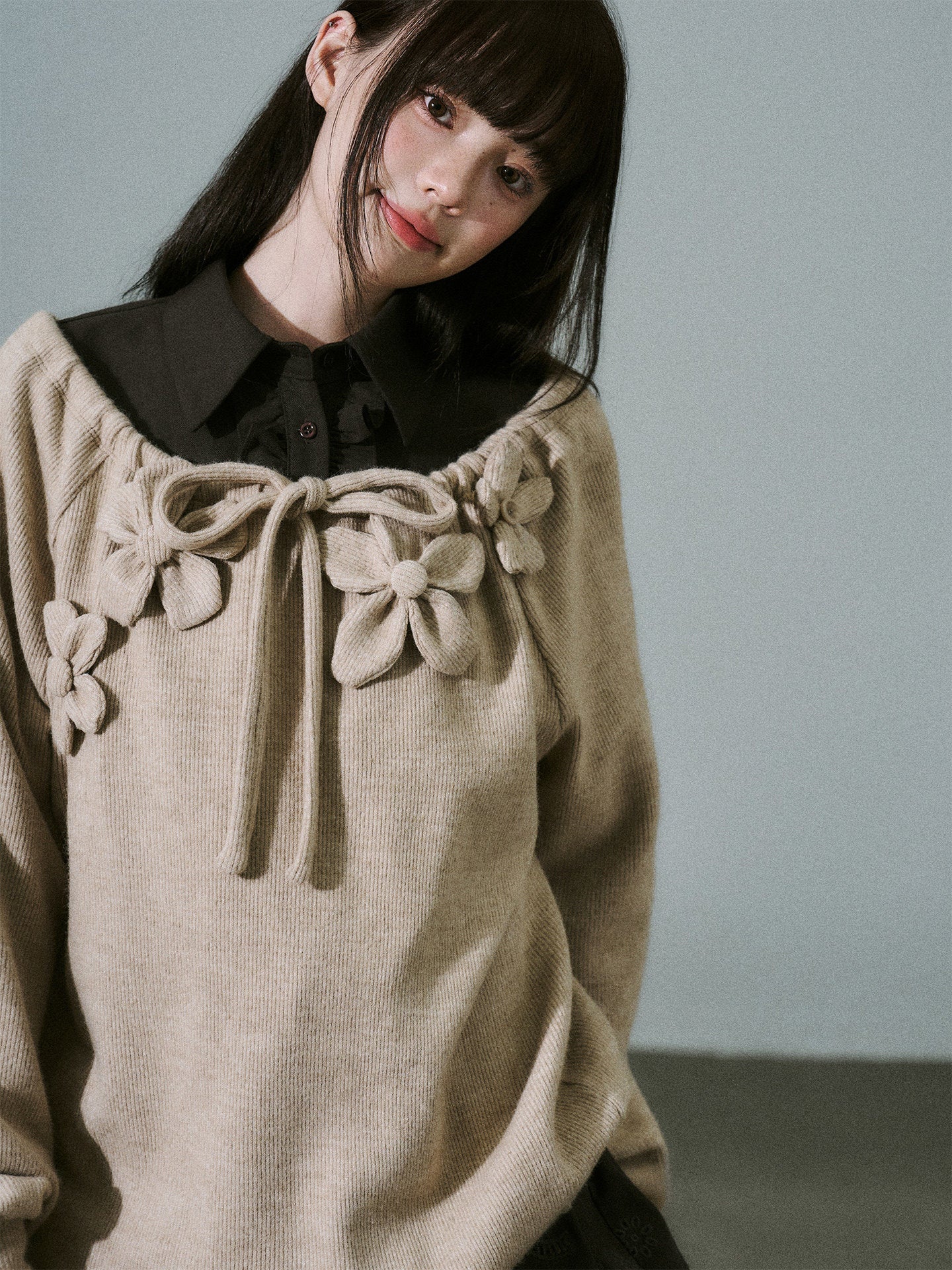 Handmade Flower Drawstring Wool Fake Layered Knit Sweater