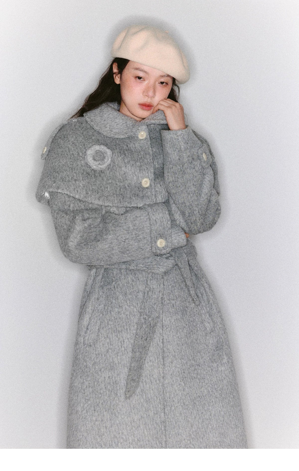 Cape Collar & Flower Detail Belted Coat