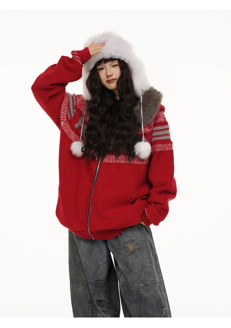 Fair Isle Hooded Detachable Fur Collar Knit Cardigan