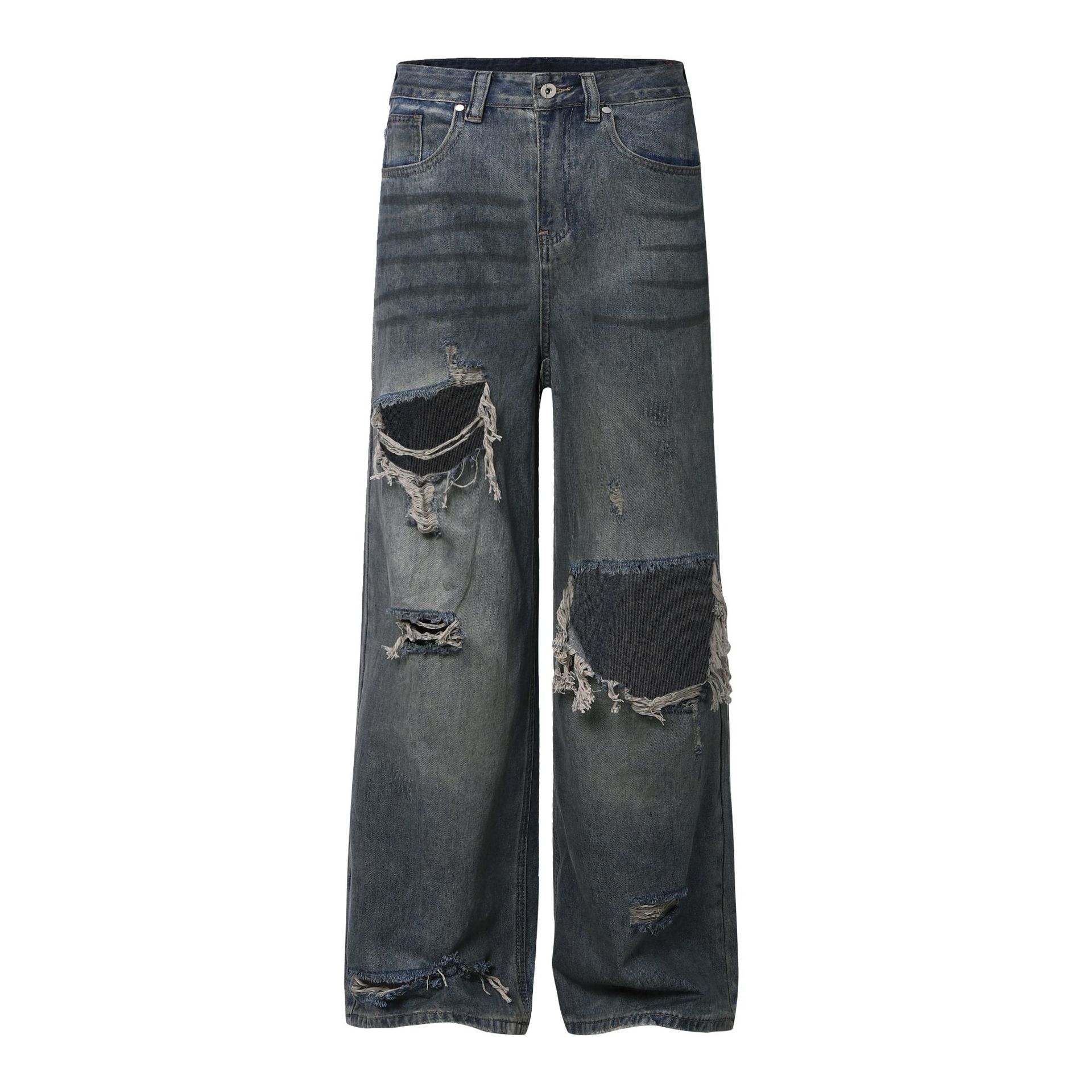 Washed Damage Wide Leg Denim Jeans