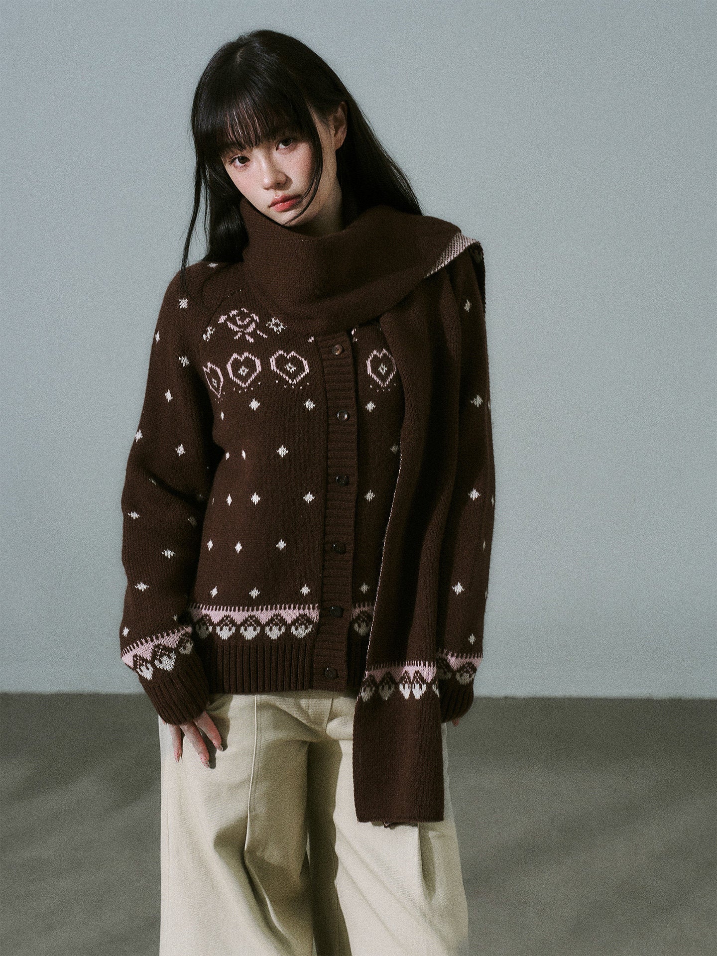 Fair Isle Pattern Wool Blend Scarf Knit Cardigan
