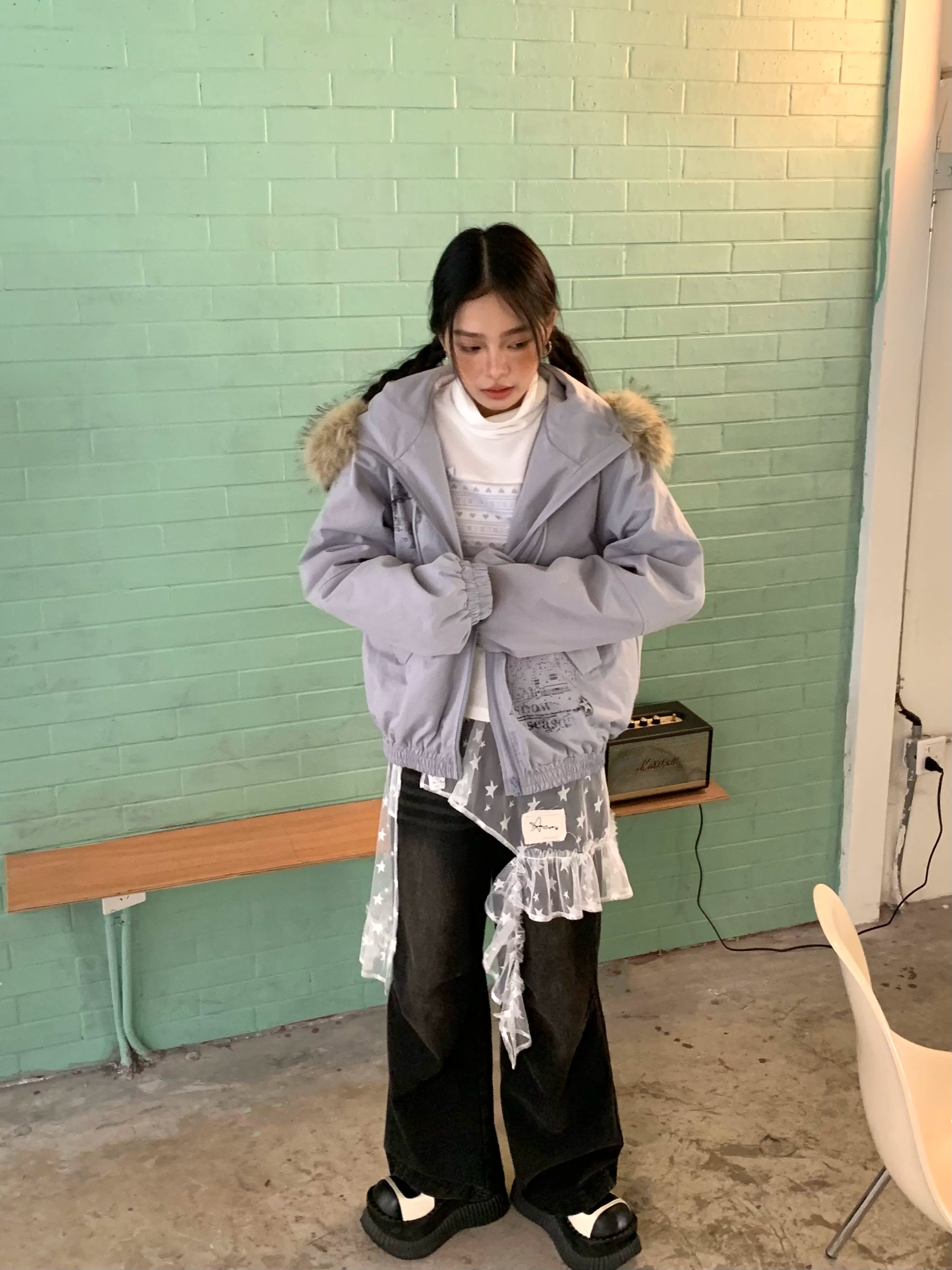 Fake Fur Trim Graphic Print Oversize Hooded Jacket