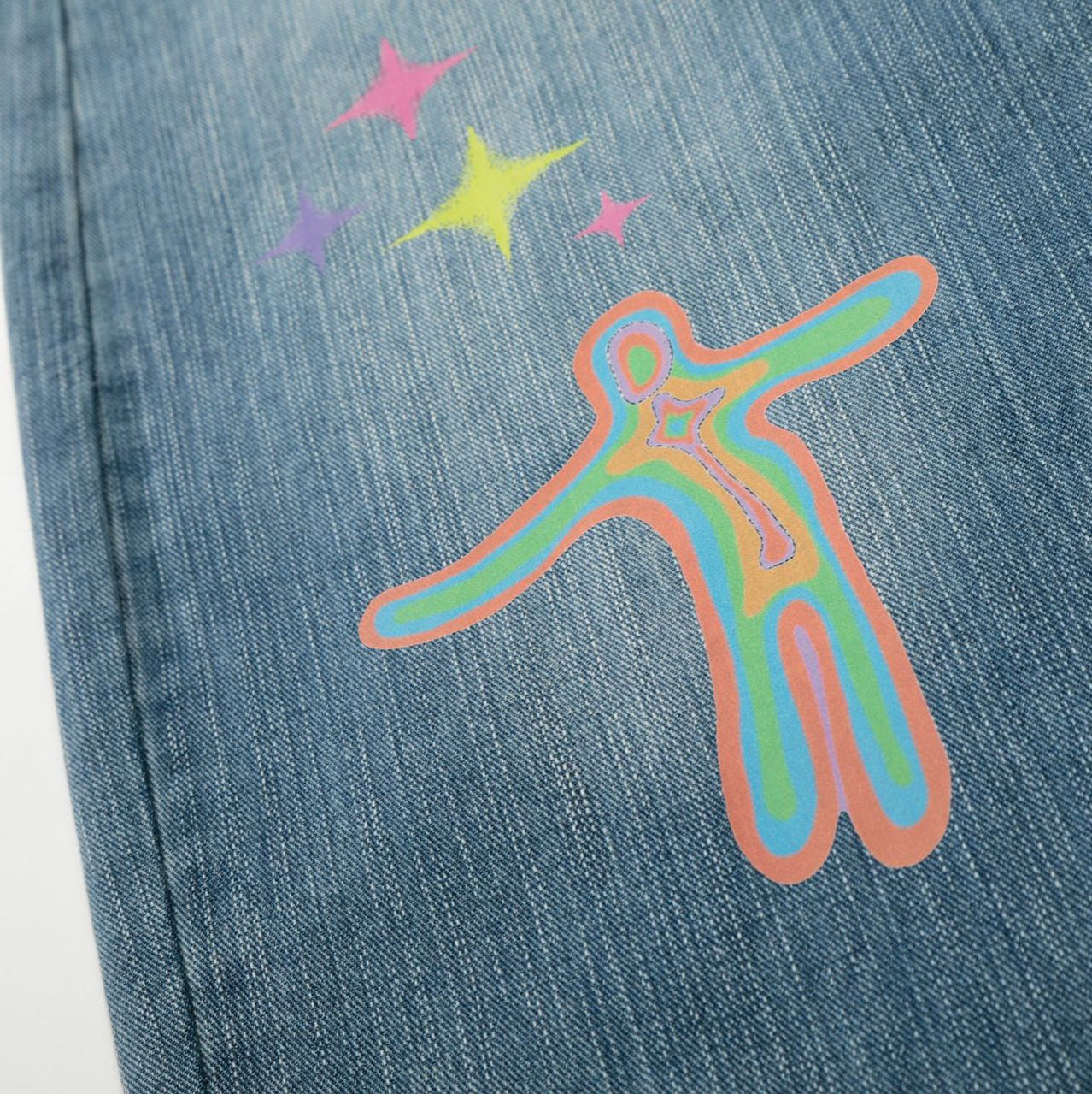 Star Heart Print Curved Wide Leg Denim Jeans