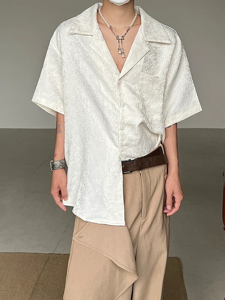 Jacquard Embroidery Embossed Cuban Collar Short Sleeve Shirt