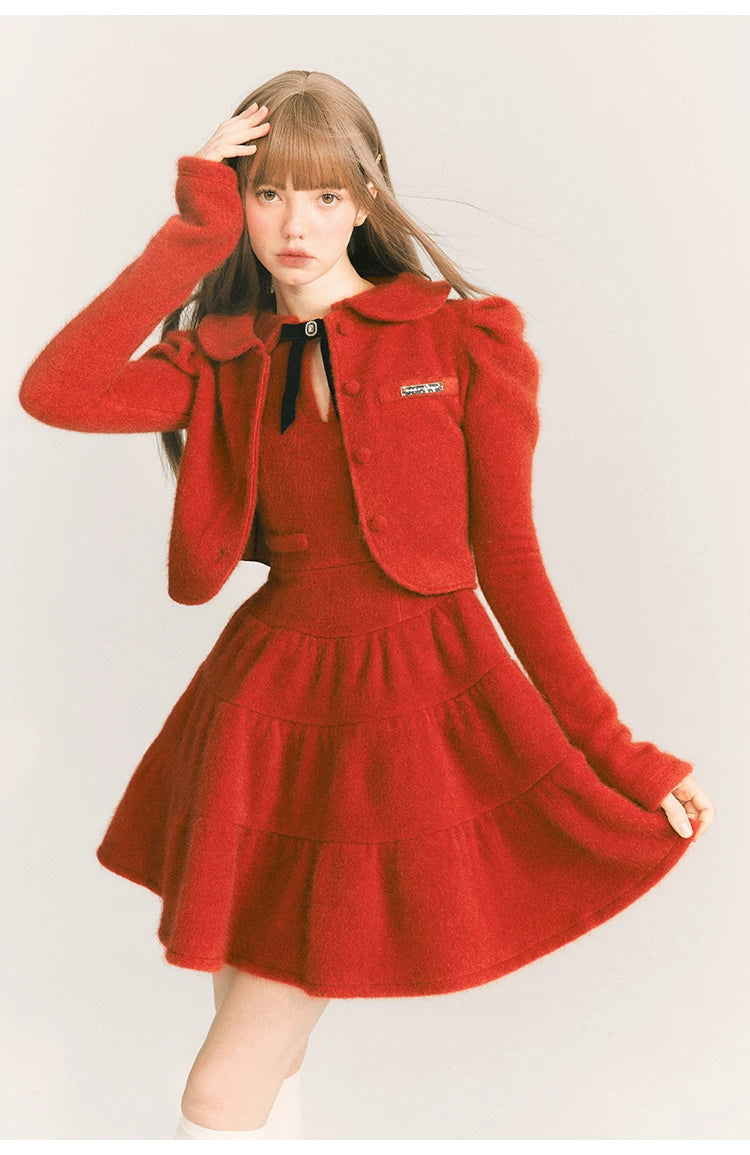 Bow Velvet Ruffle Short Length Dress