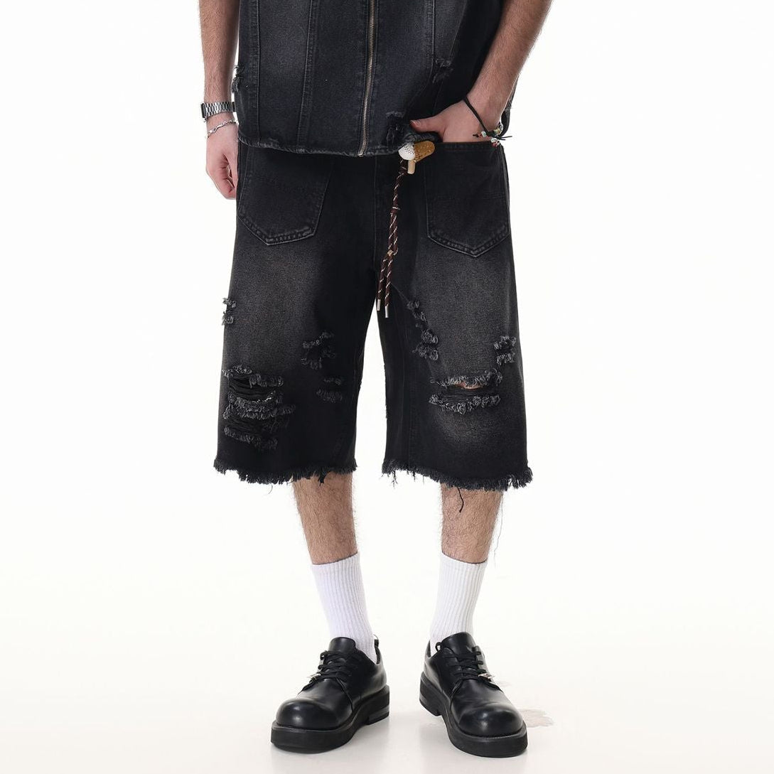 Washed Damage Wide Leg Denim Short Pants