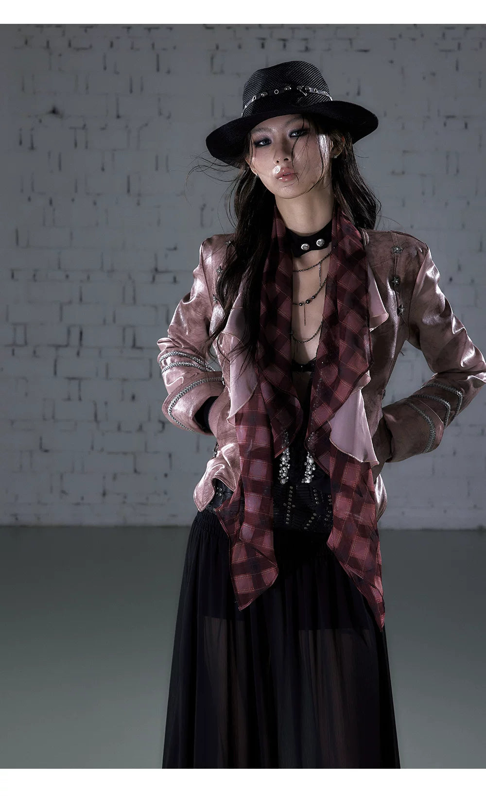Ruffle Tie-Neck Slim Fit Long Sleeve Shirt
