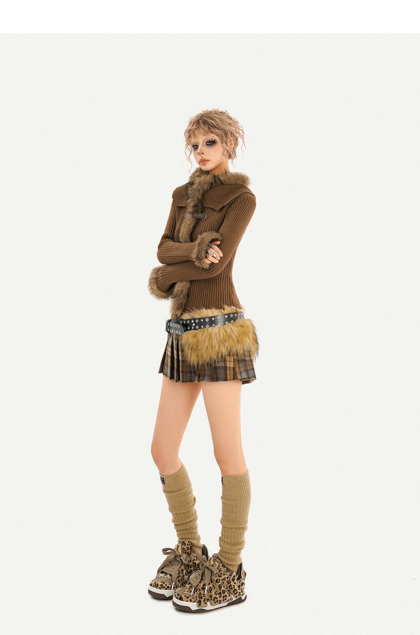 Fur Collar Fitted Knit Sweater