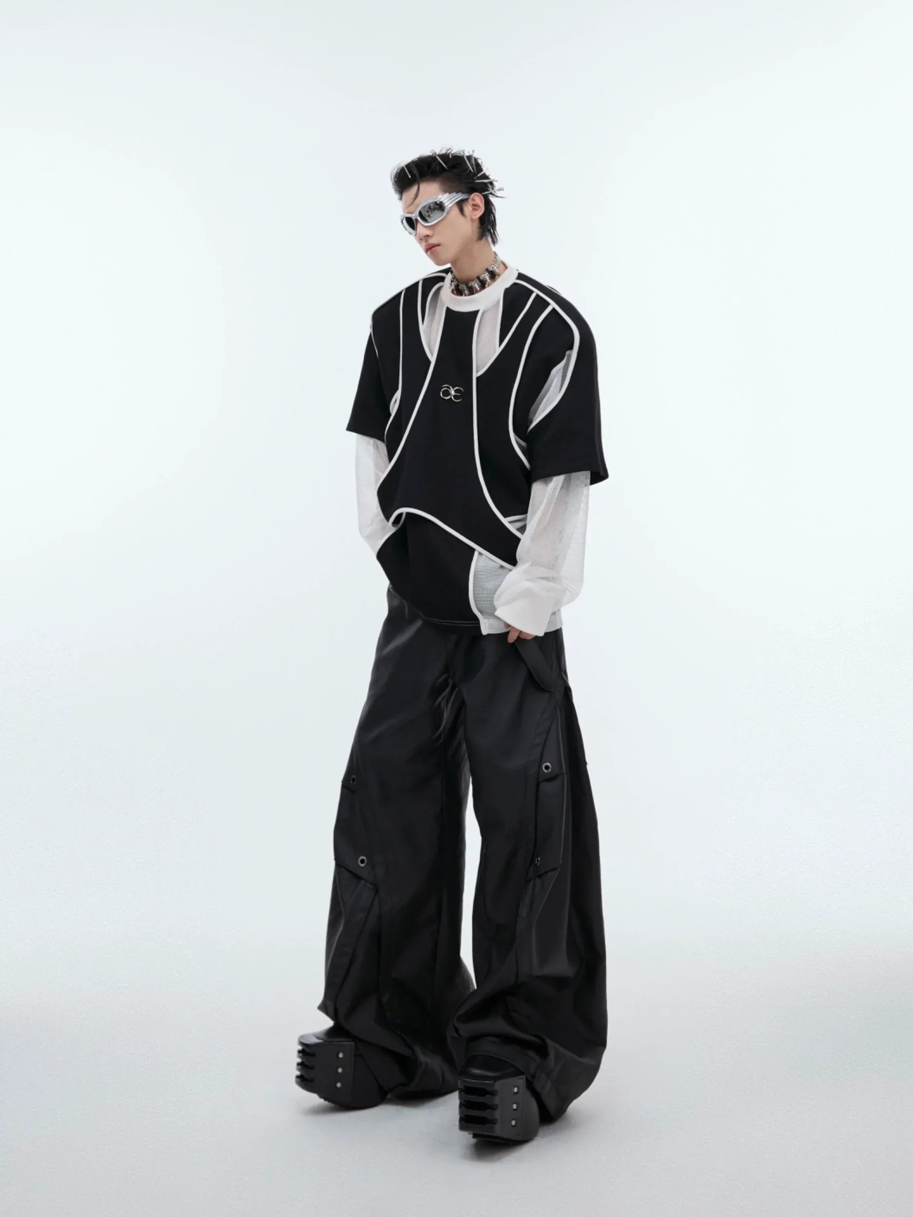 Fake Layered Shoulder Pad Round Neck Sweatshirt
