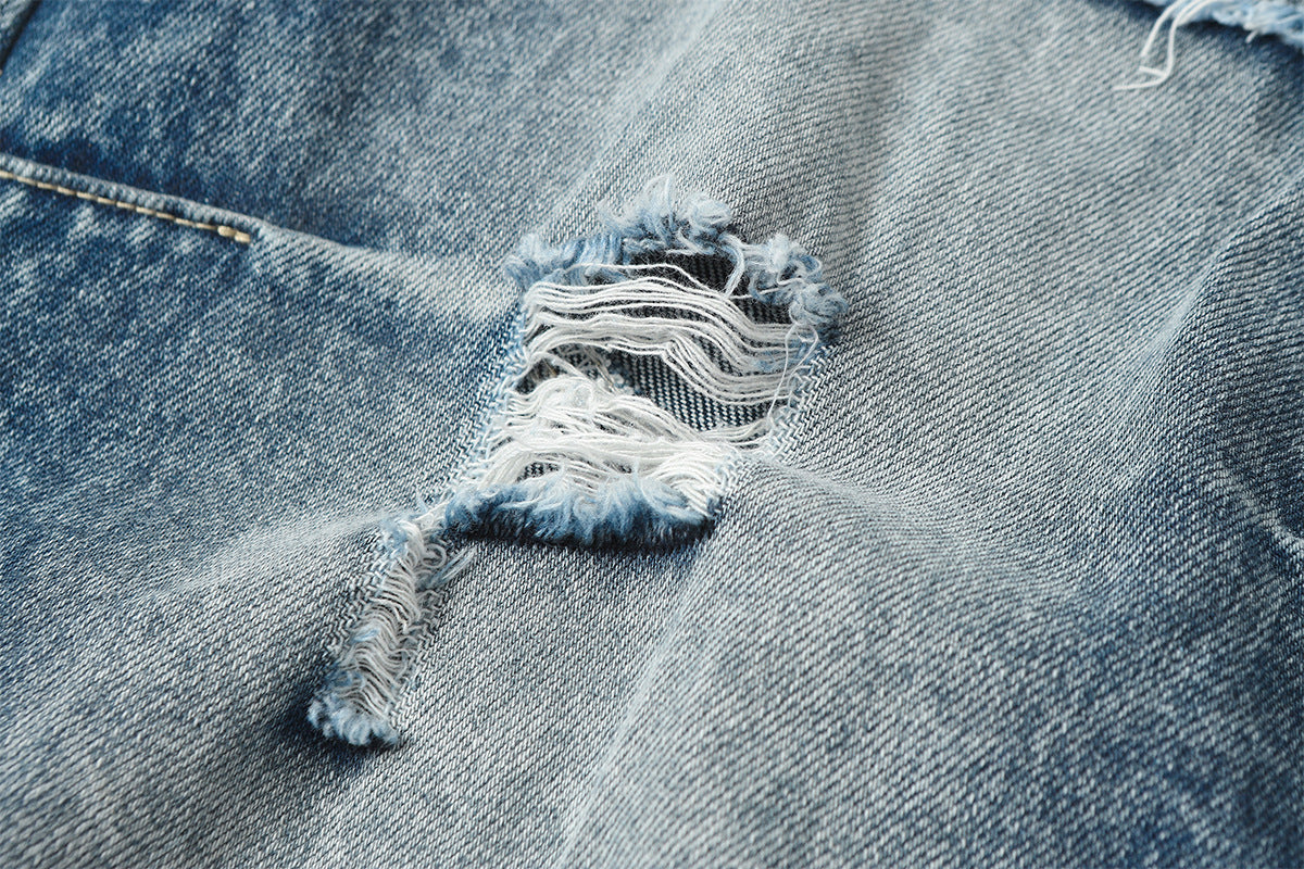 Washed Damage Splice Wide Leg Denim Jeans