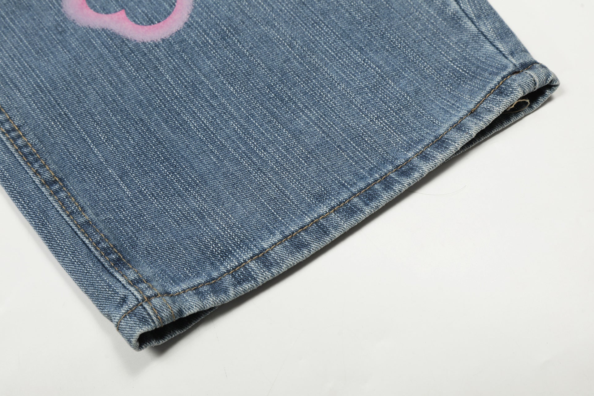 Star Heart Print Curved Wide Leg Denim Jeans