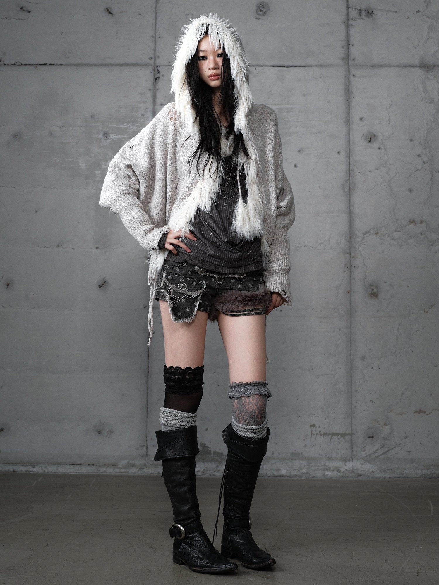 Fake Fur Trim Drawstring Oversize Knit Cardigan