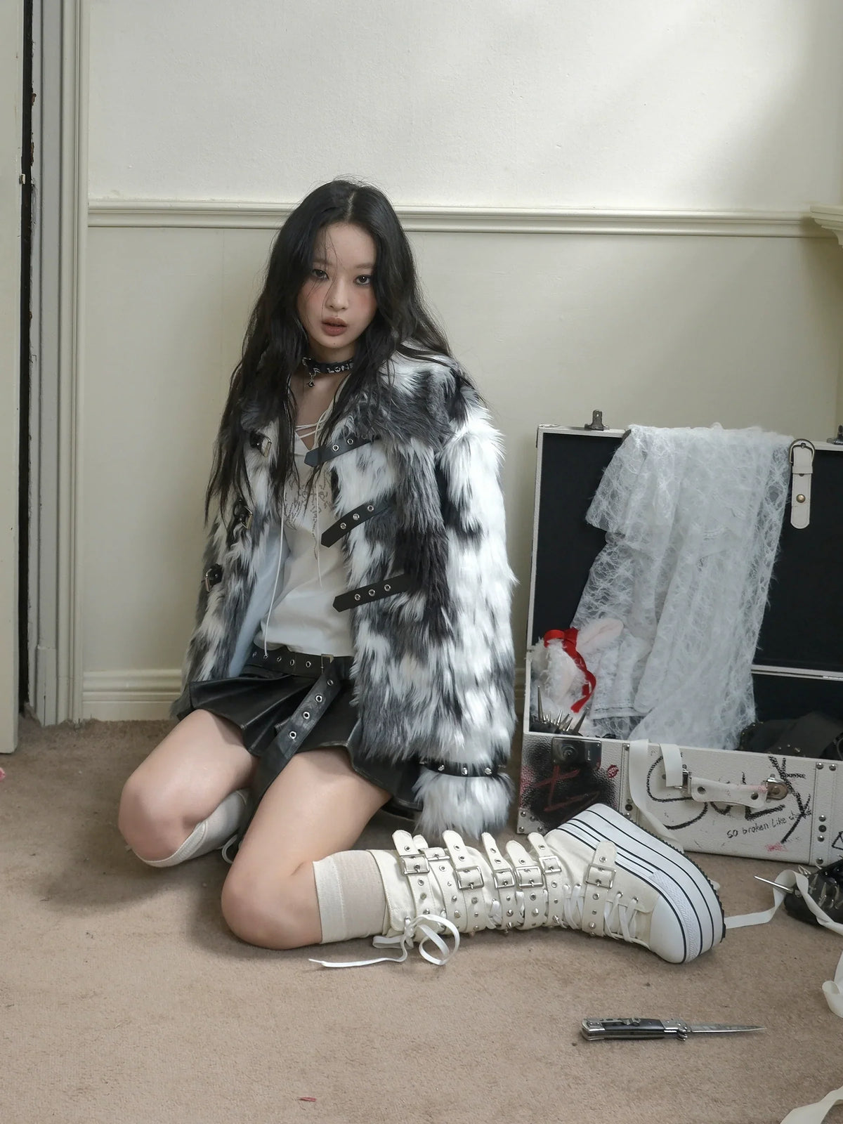 Studded Black And White Fake Fur Short Jacket