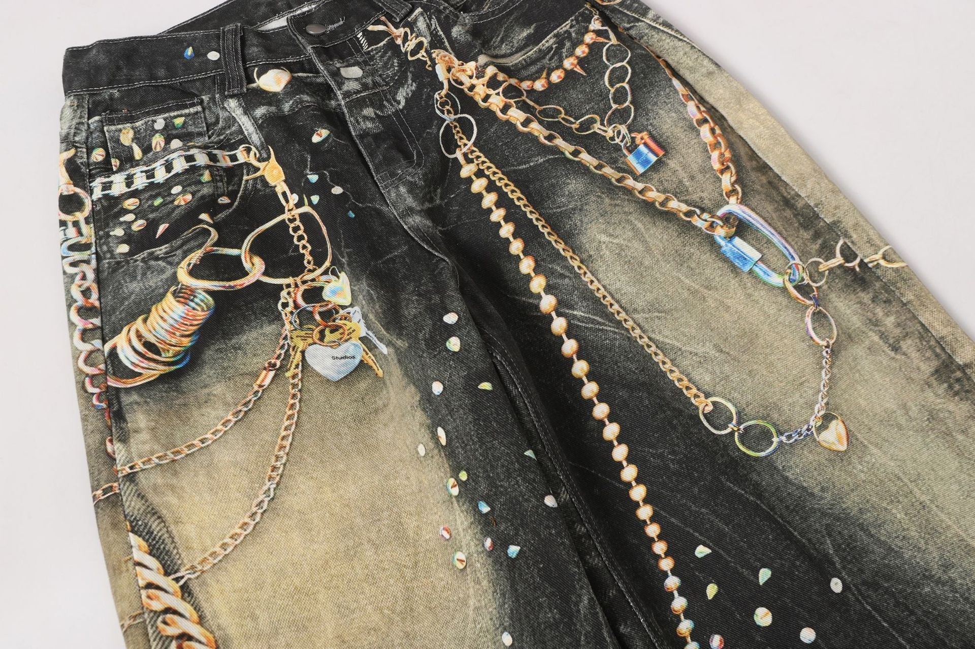 Chain Paint  3D Print Washed Wide Leg Denim Jeans