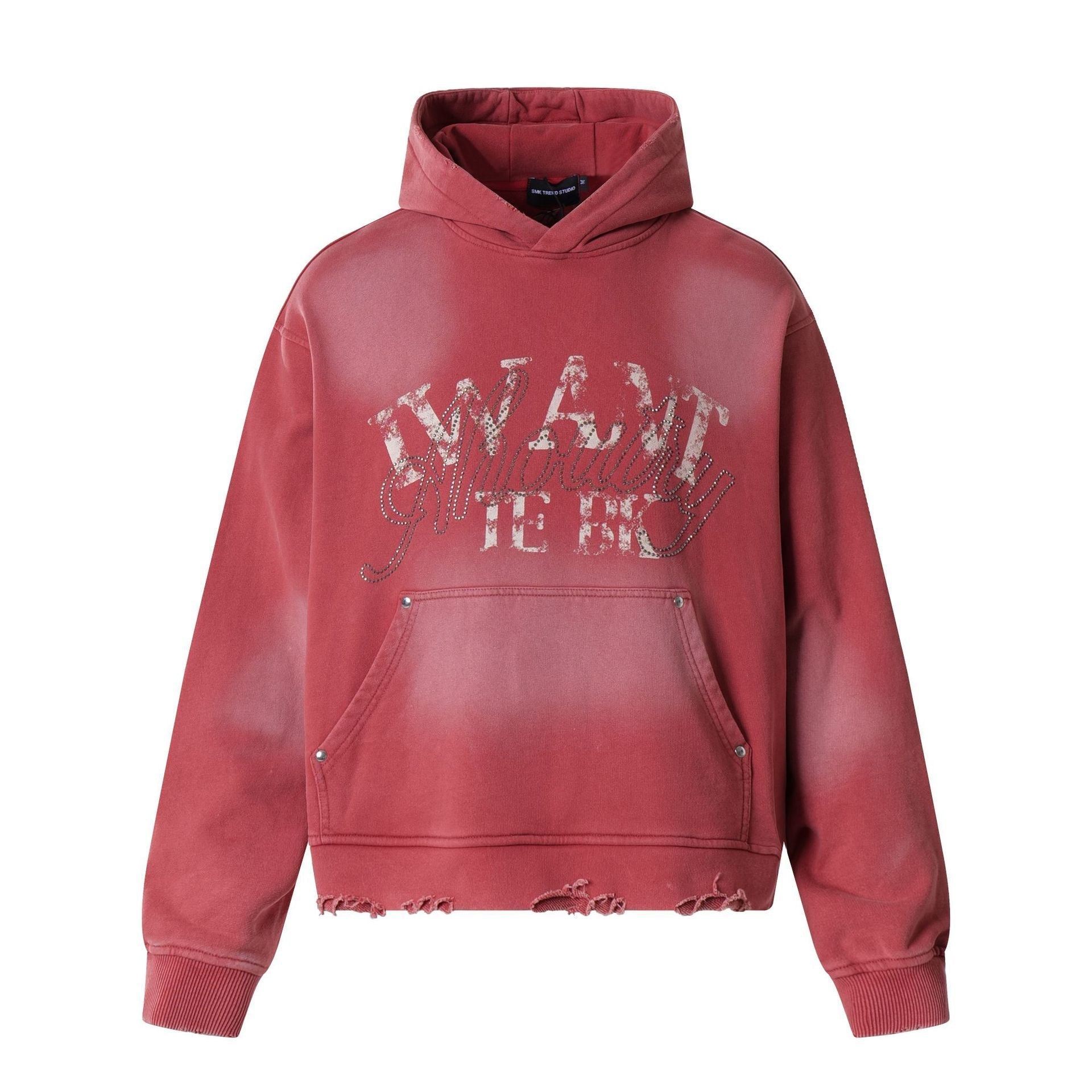 Washed Letter Rhinestone Design Damage Hoodie