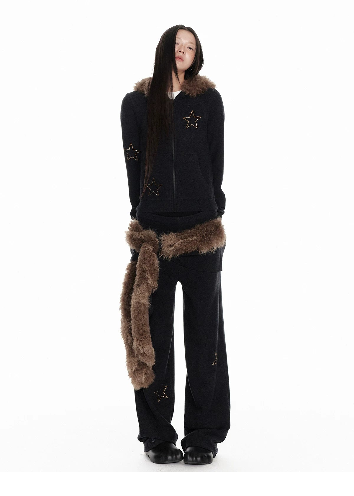 Horn Fur Collar Fuzzy Zipper Hoodie & Wide-Leg Pants Setup