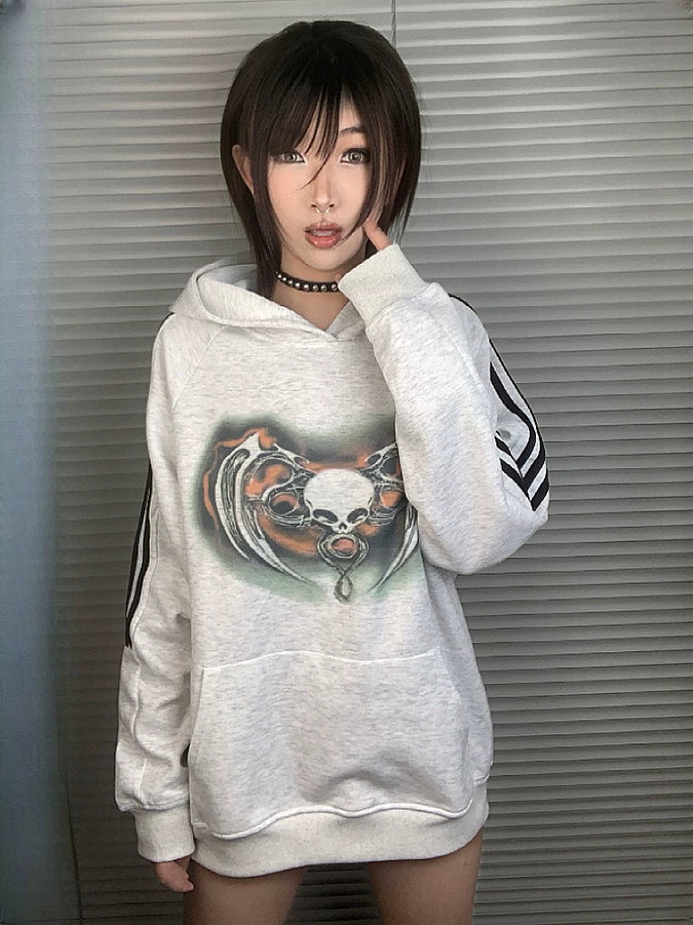 Side Stripe Skull Print Pullover Hoodie