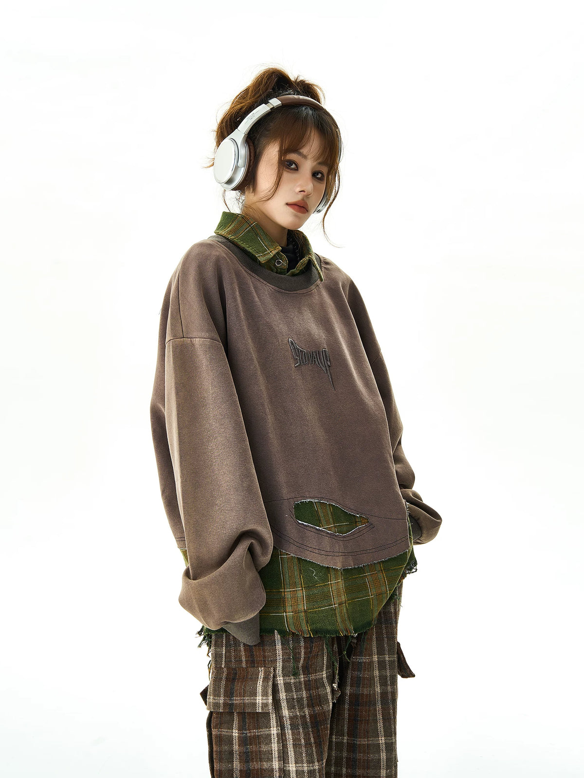 Plaid Stitching Fake Layered Sweatshirt