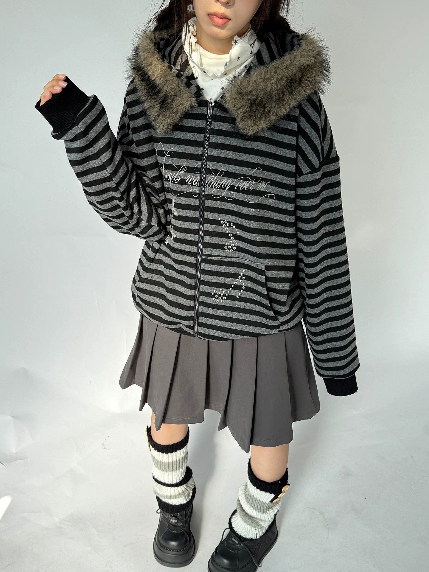 Detachable Fur Collar Fleece Lining Hooded Jacket