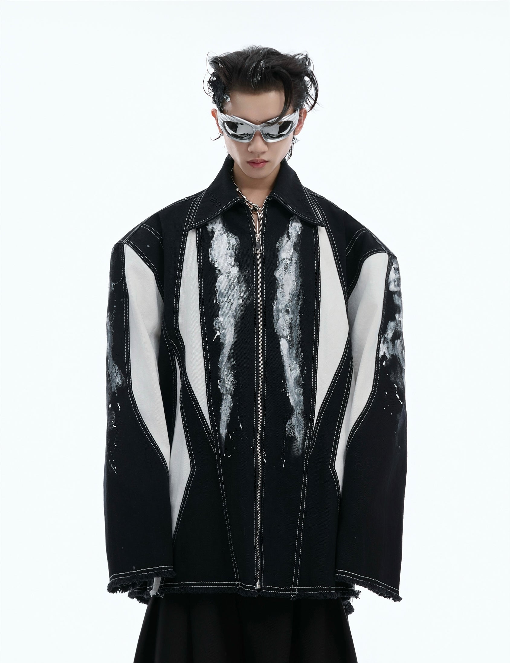Contrasting Ink Dye Shoulder Pad Patchwork Zipper Jacket