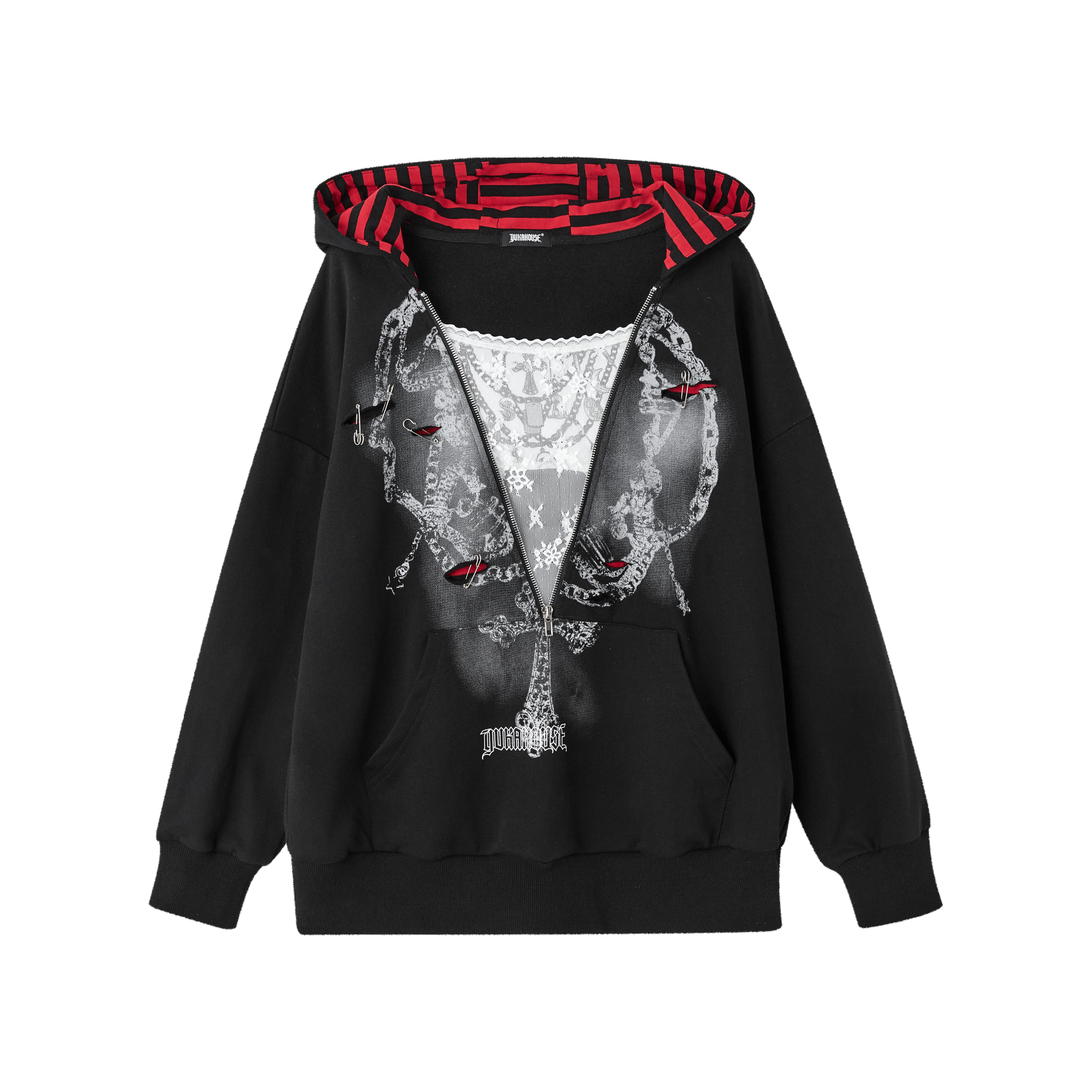 Fake Layered Zipper Stripe Oversize Pullover Hoodie
