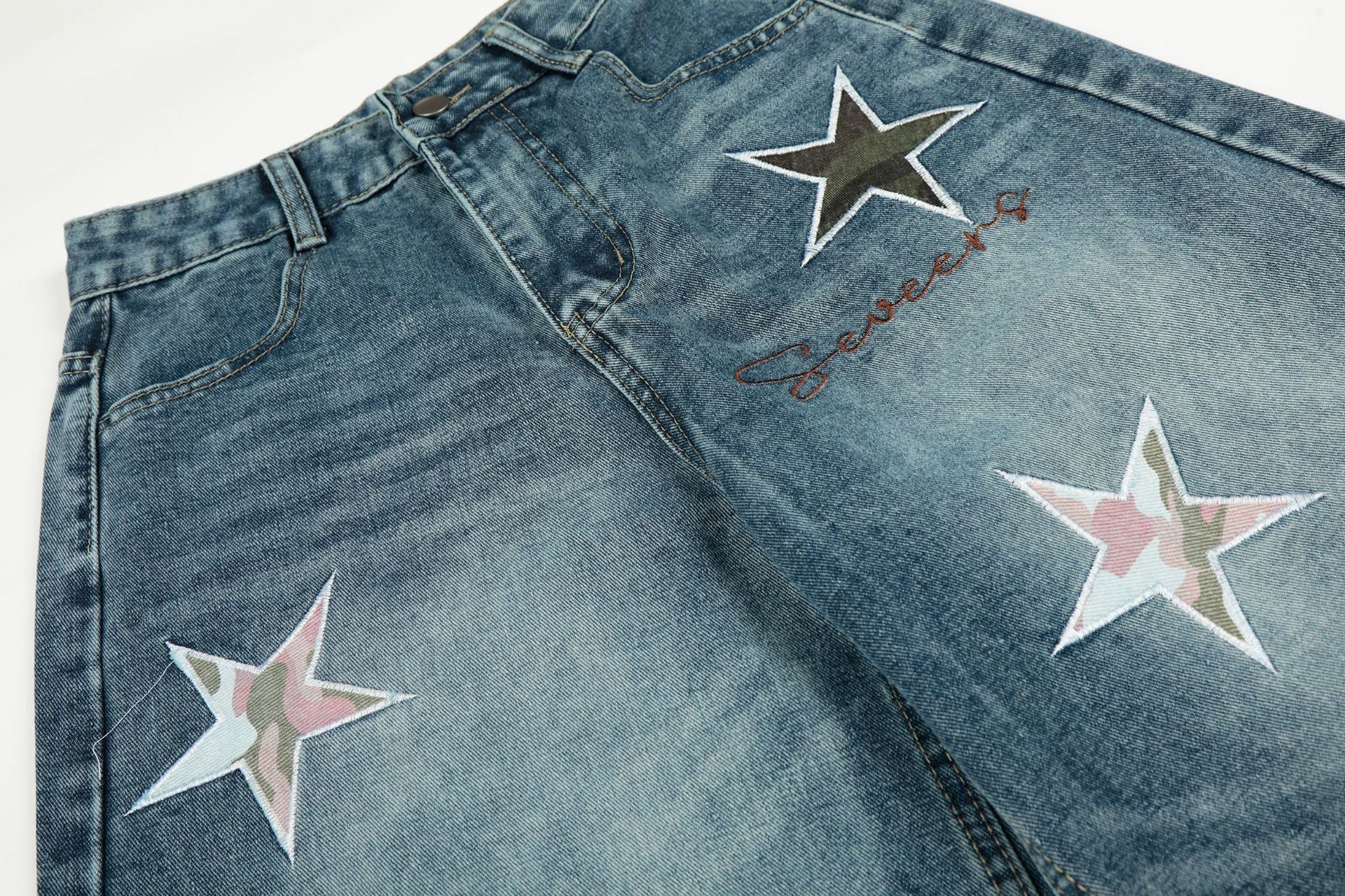 Washed Star Applique Wide Leg Denim Jeans