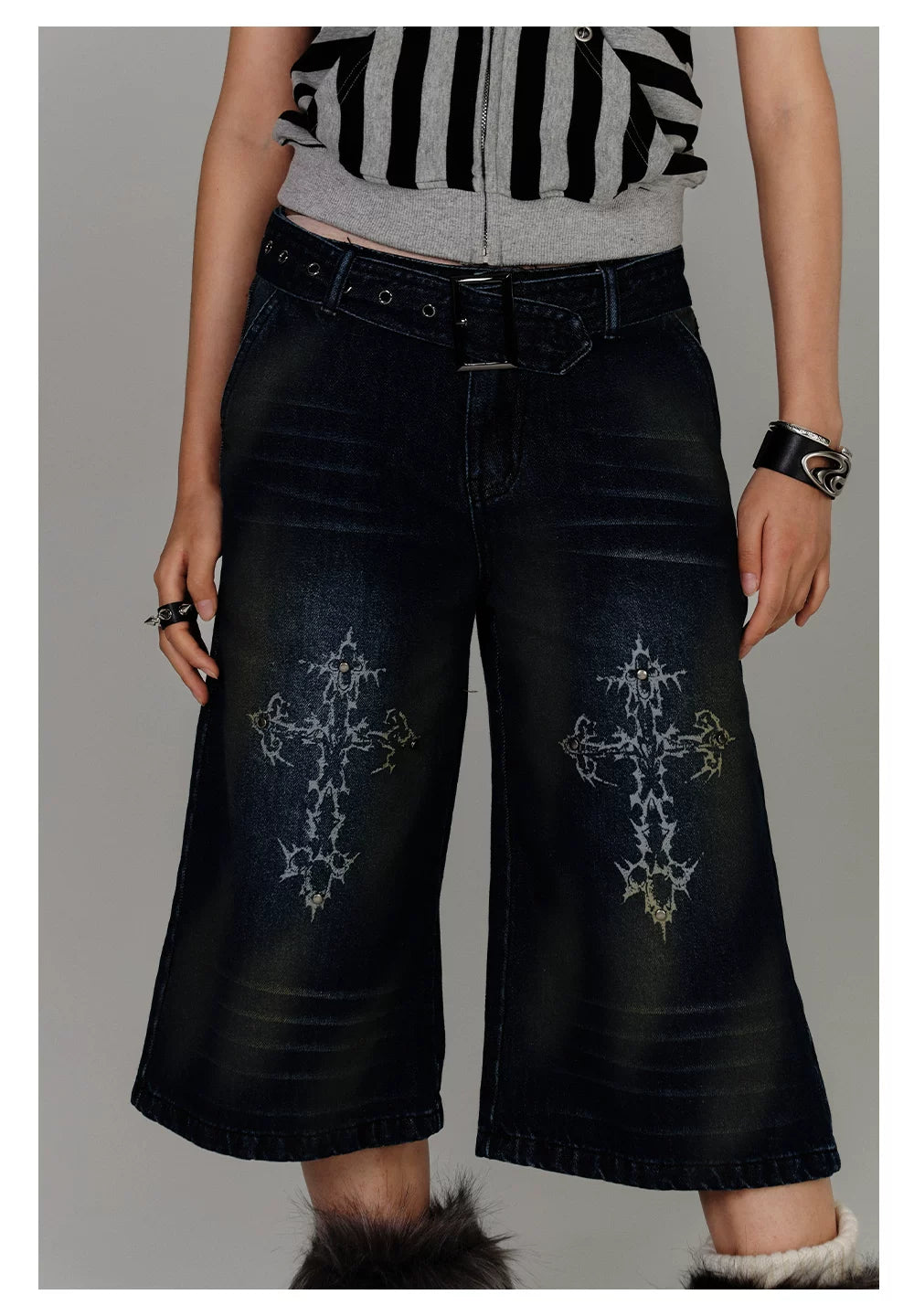 Washed Damage High-Waist Cropped Straight Denim Jeans