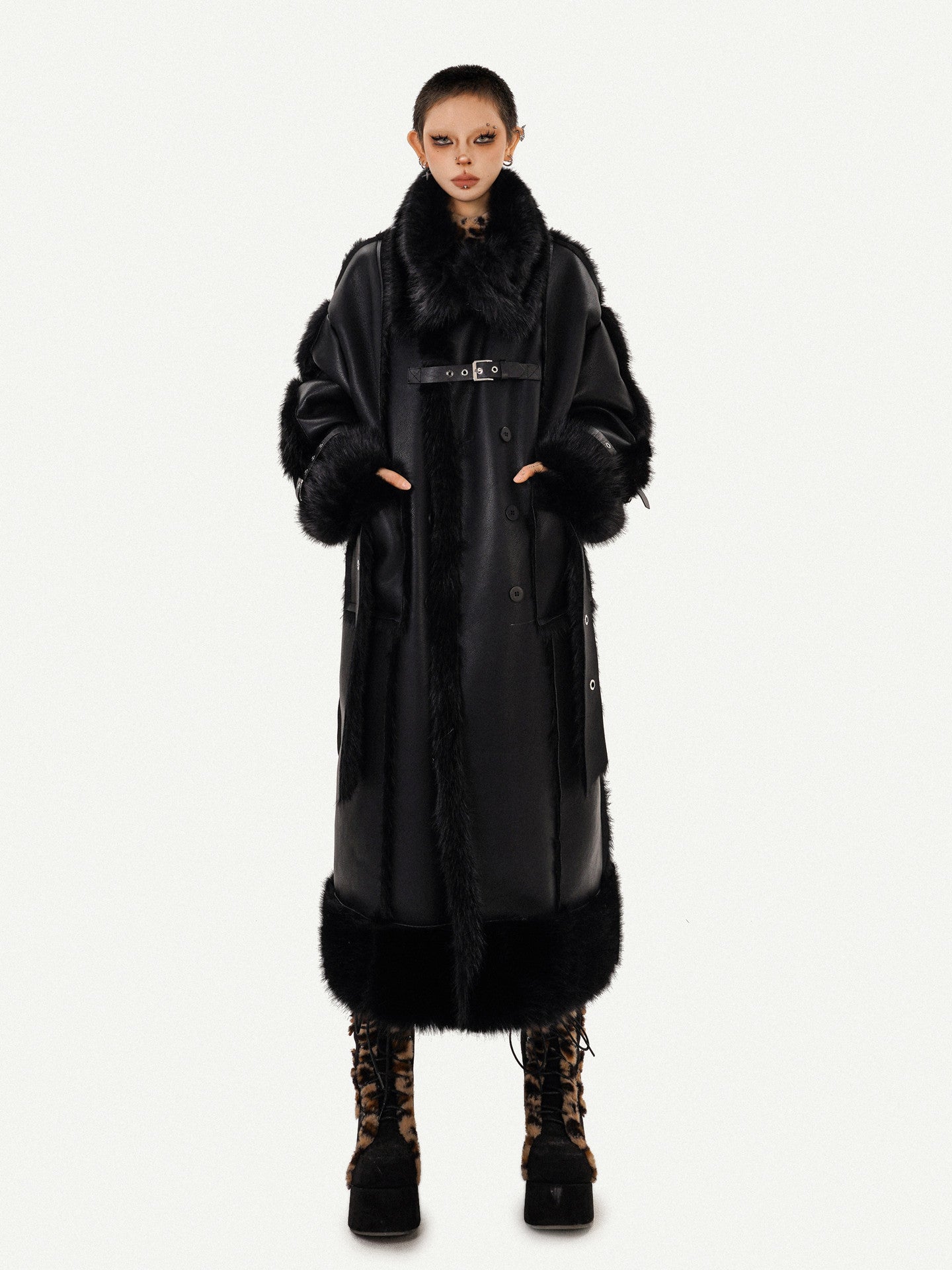 PU Leather Fake Fur Stand Neck Coat