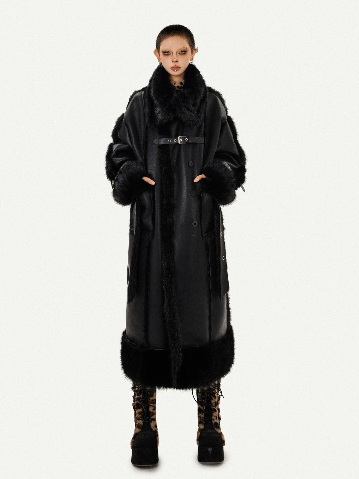 PU Leather Fake Fur Stand Neck Coat