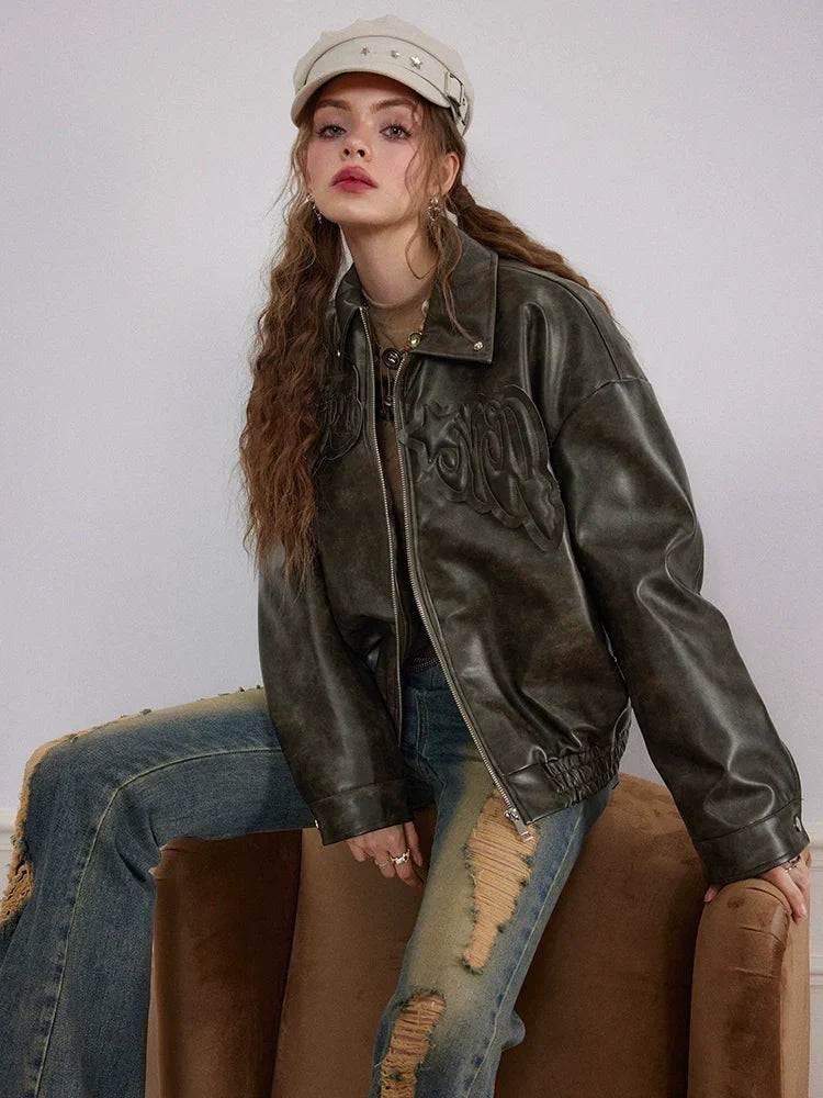 Patch Embroidery Quilted PU Leather Jacket