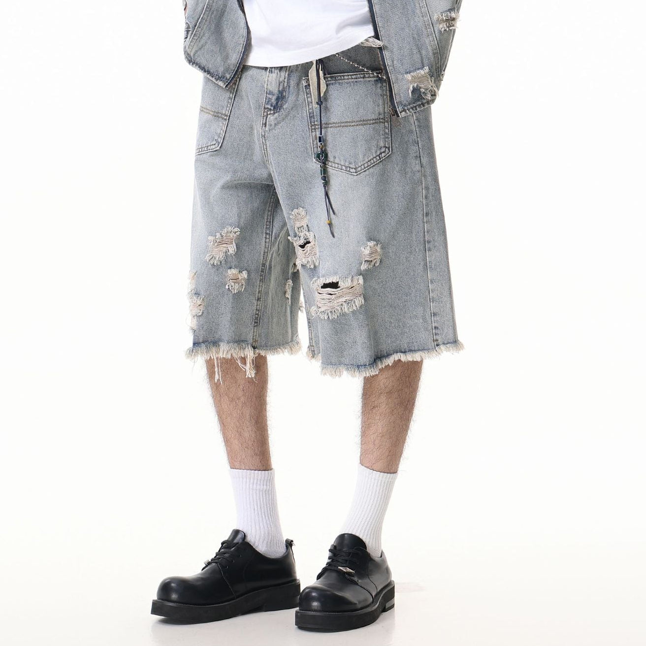 Washed Damage Wide Leg Denim Short Pants
