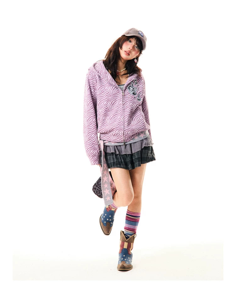 Zebra Print Graphic Zip-Up Hoodie