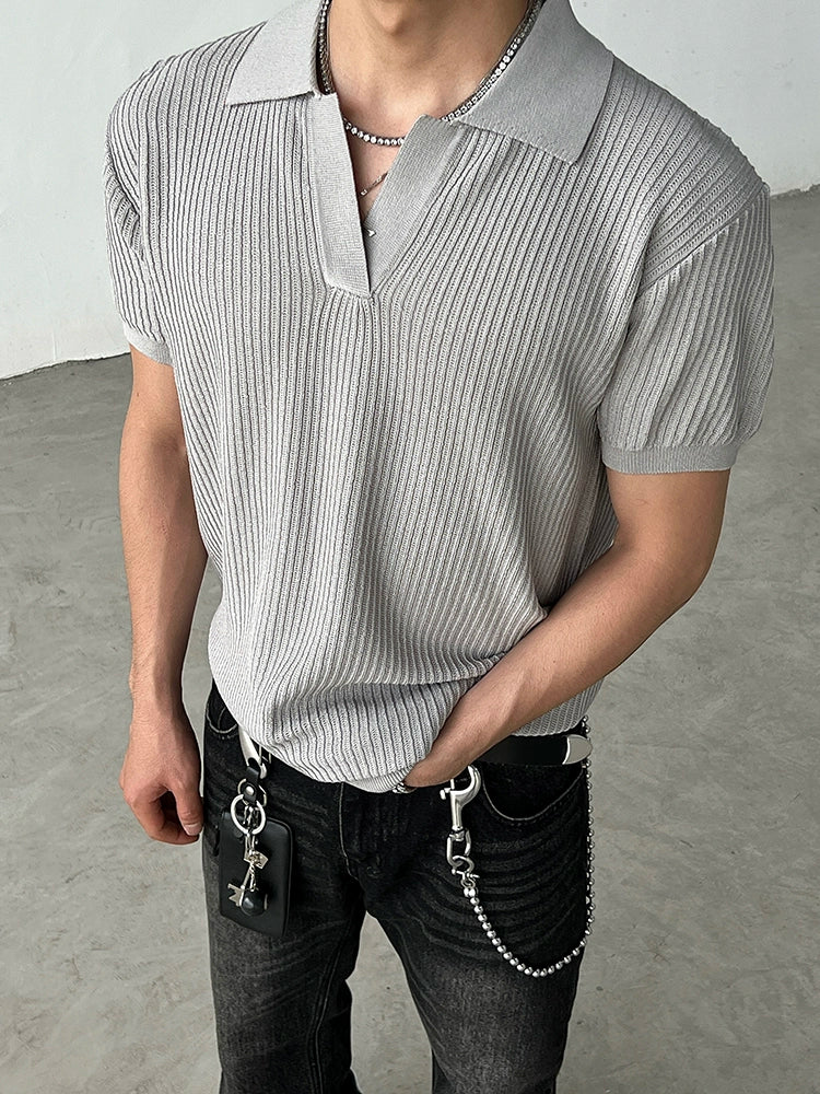 Striped Textured Summer Knit Short Sleeve Polo Shirt
