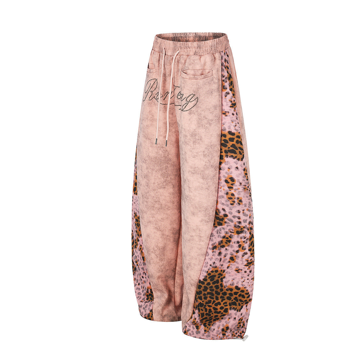 Leopard Print Curved Studs Wide Leg Sweatpants