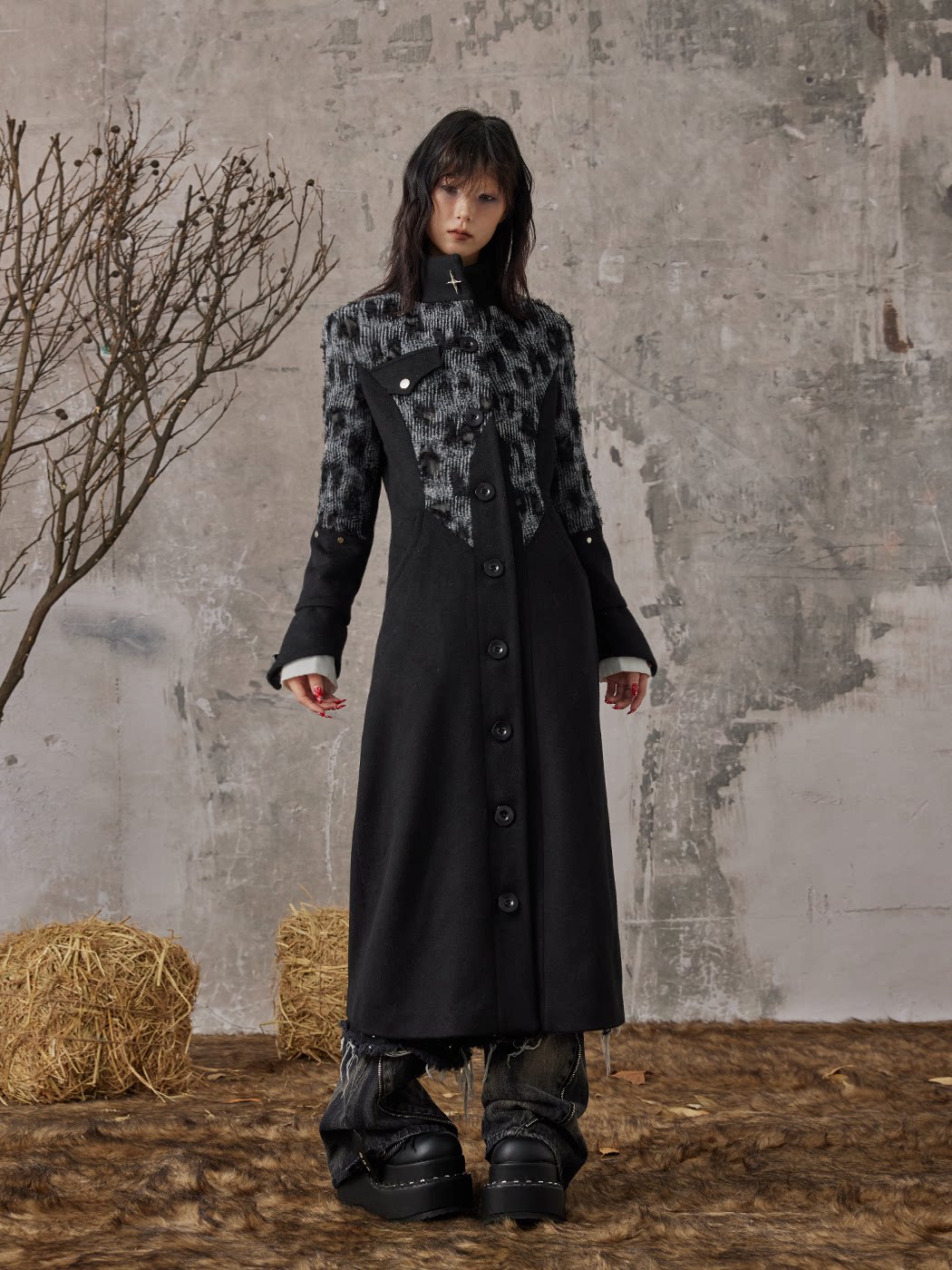 High-Neck Studs Patchwork Wool Coat