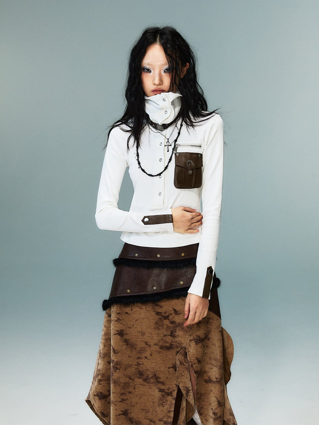 High-Neck Convertible Slim Knit Long Sleeve Shirt