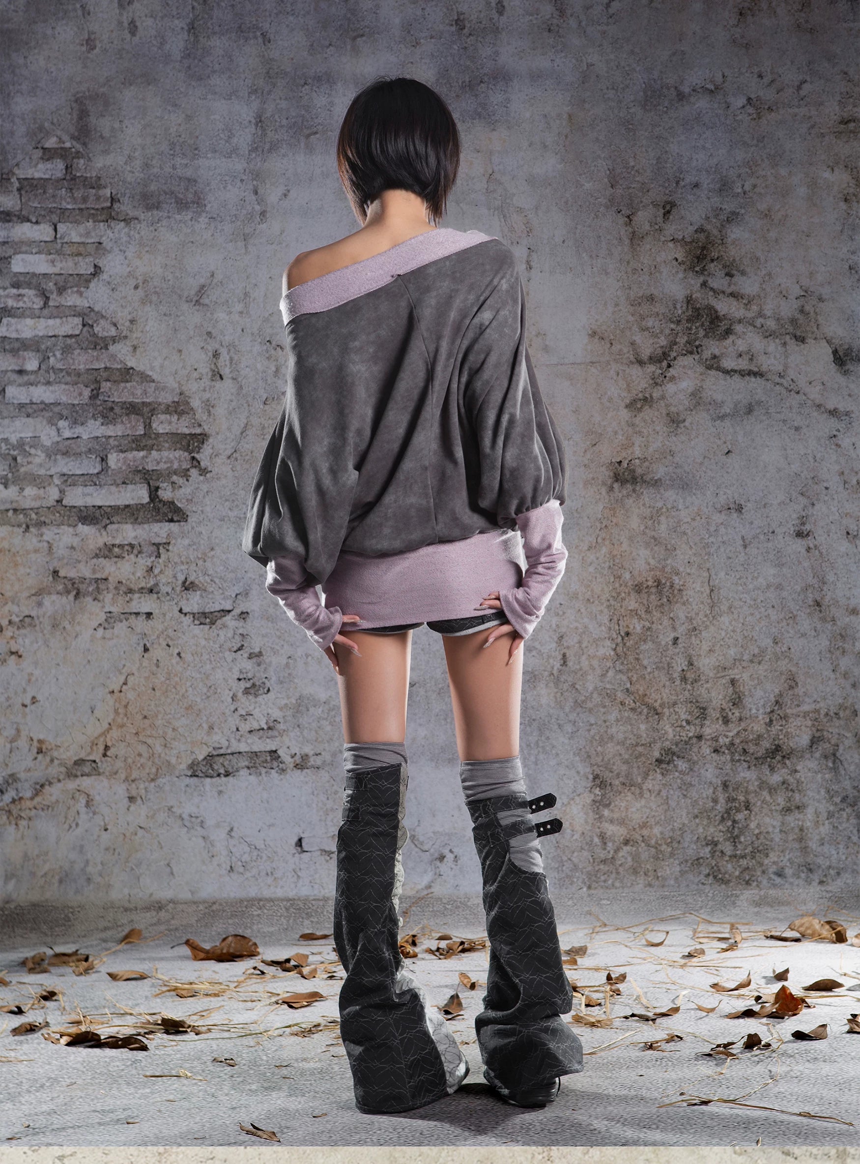 Original Fake Two-Piece Oversize Batwing Sleeve Floral Off-Shoulder Long Sleeve T-Shirts