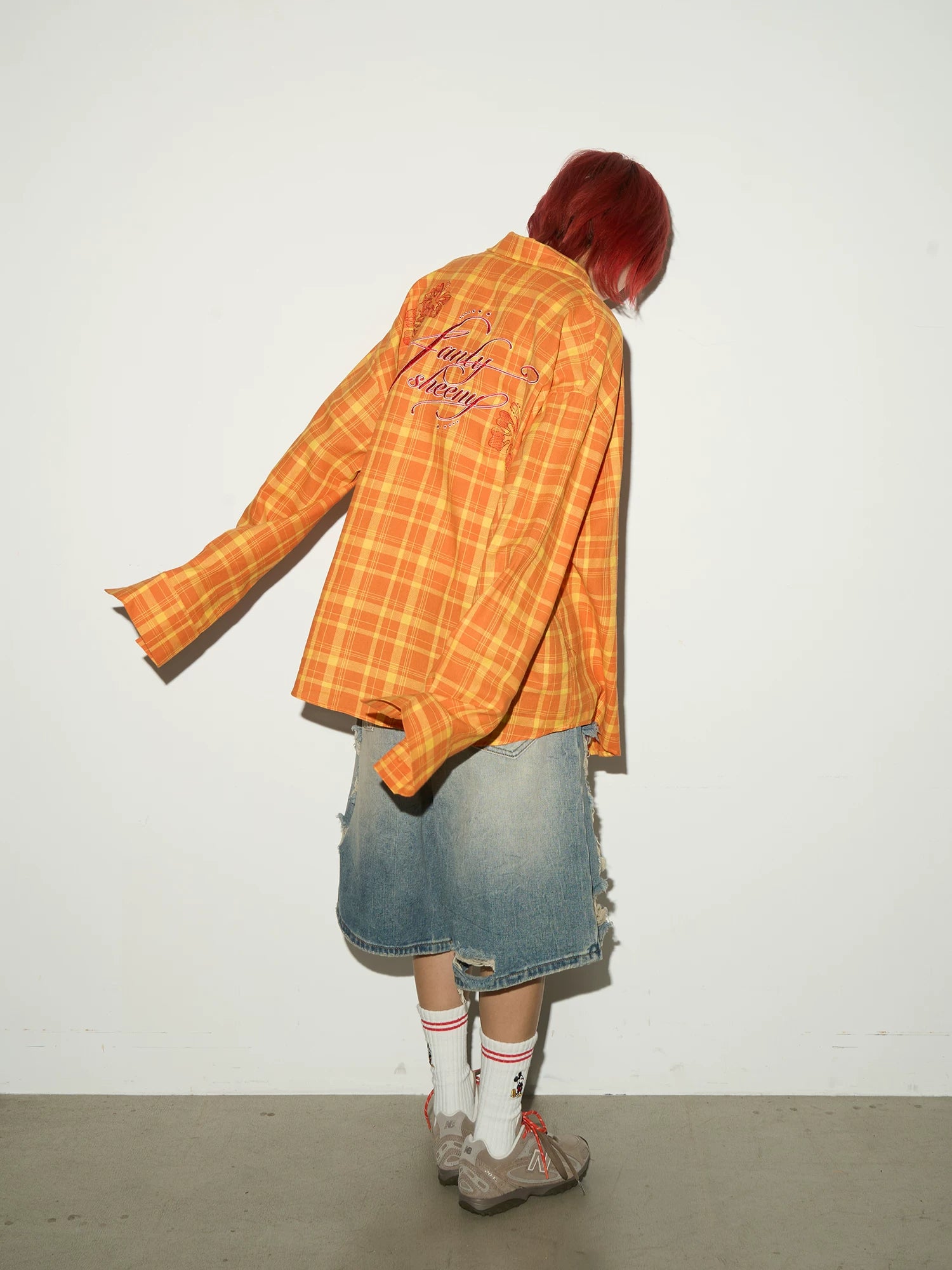 Plaid Embroidery Print Oversize Long Sleeve Shirt
