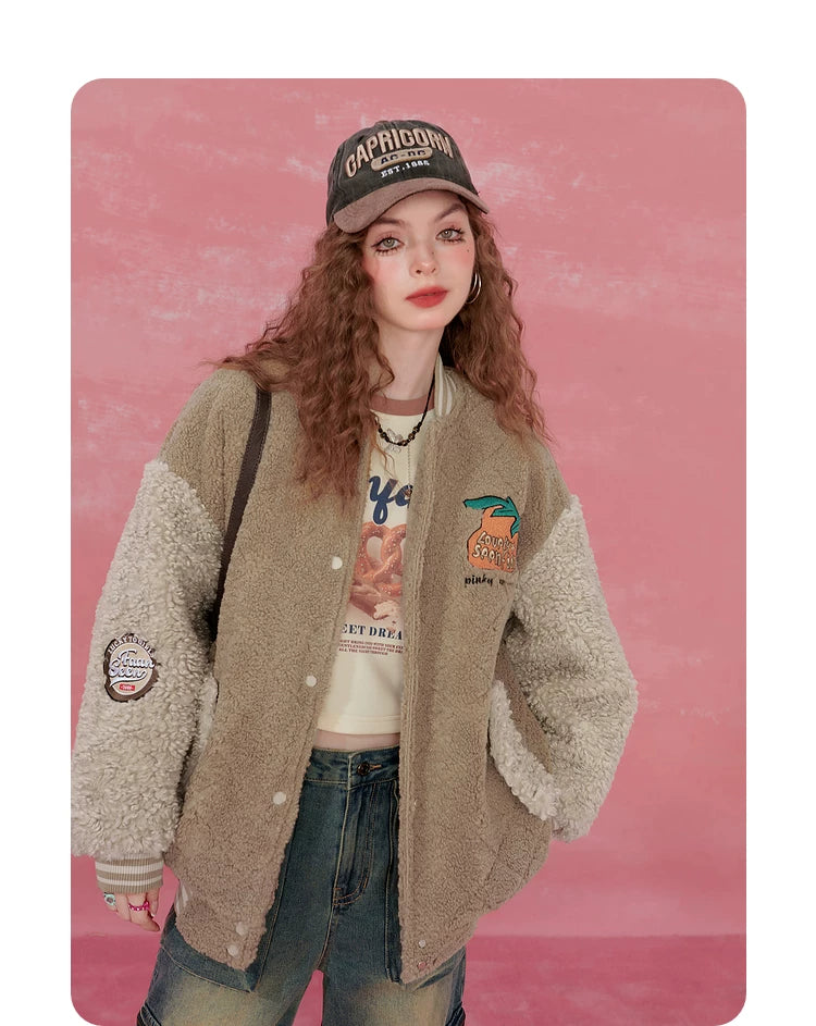 Colorblock Embroidery Fleece-Lined Baseball Jacket