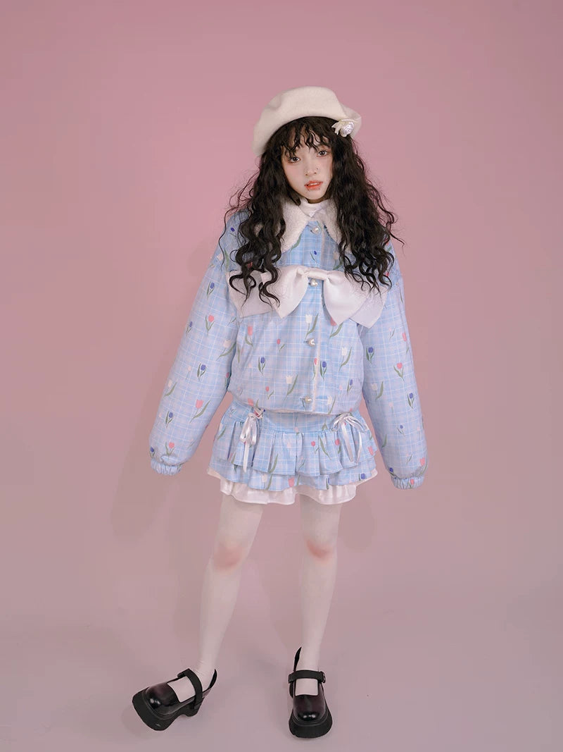 Flower Print Bow Fleece Lining Puffer Jacket