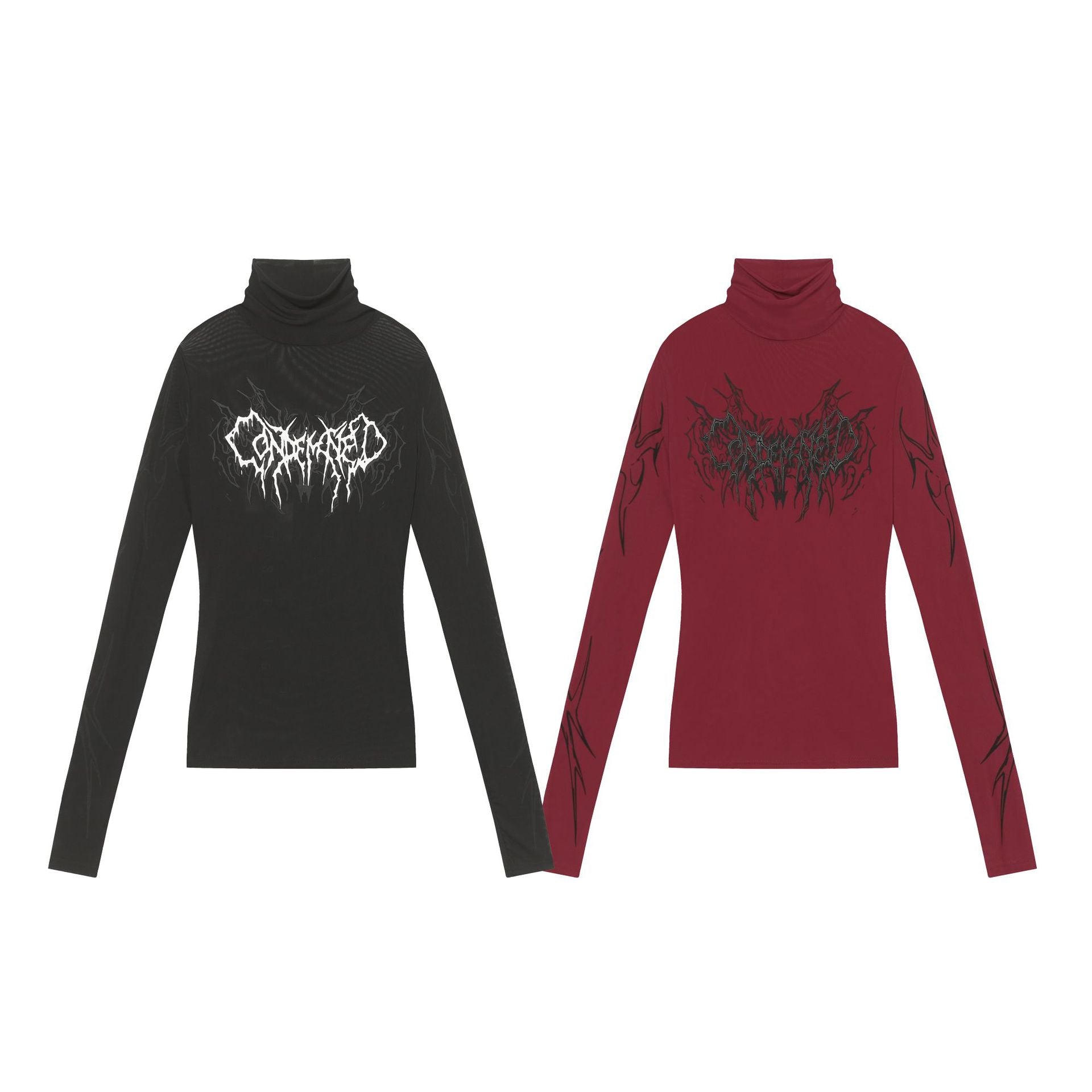 High-Neck Mesh Graphic Print Long Sleeve T-Shirt