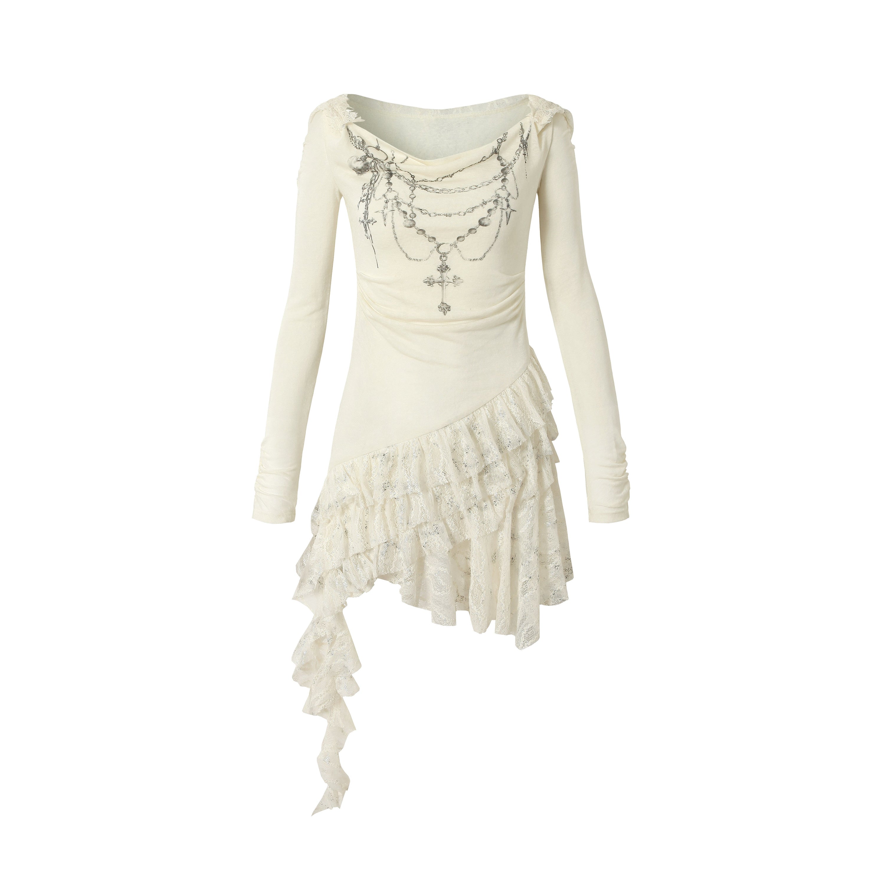 Lace Hooded Asymmetric Ruffle Dress