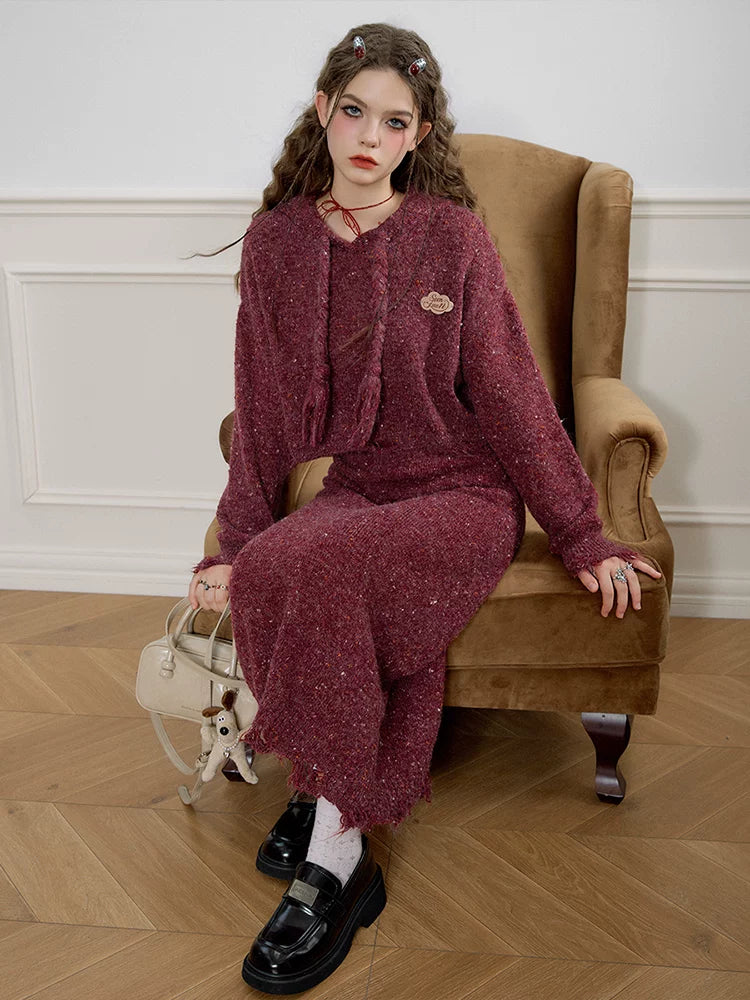 Textured Hooded Knit Sweater & Long Knit Skirt Setup