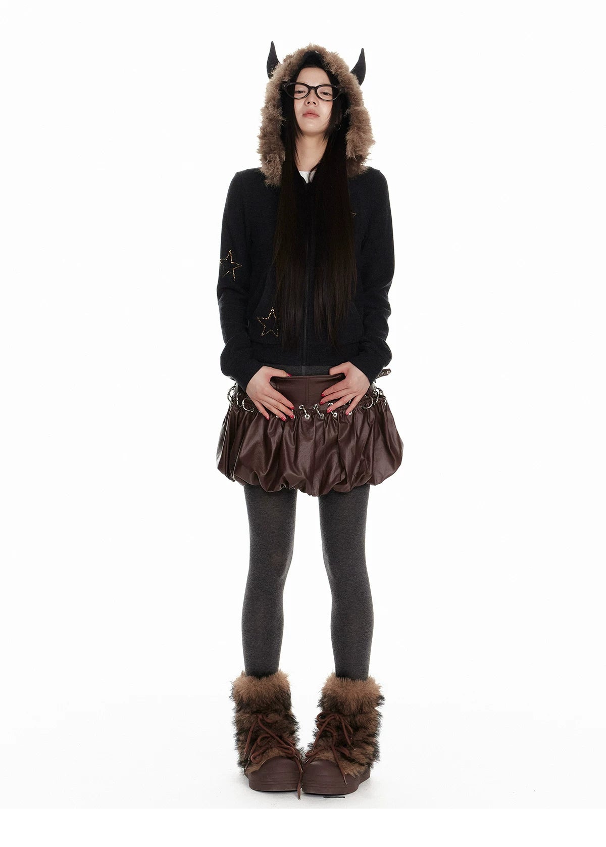 Horn Fur Collar Fuzzy Zipper Hoodie & Wide-Leg Pants Setup