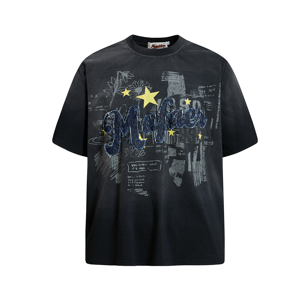 Star Applique Embroidery Washed Short Sleeve T-Shirt