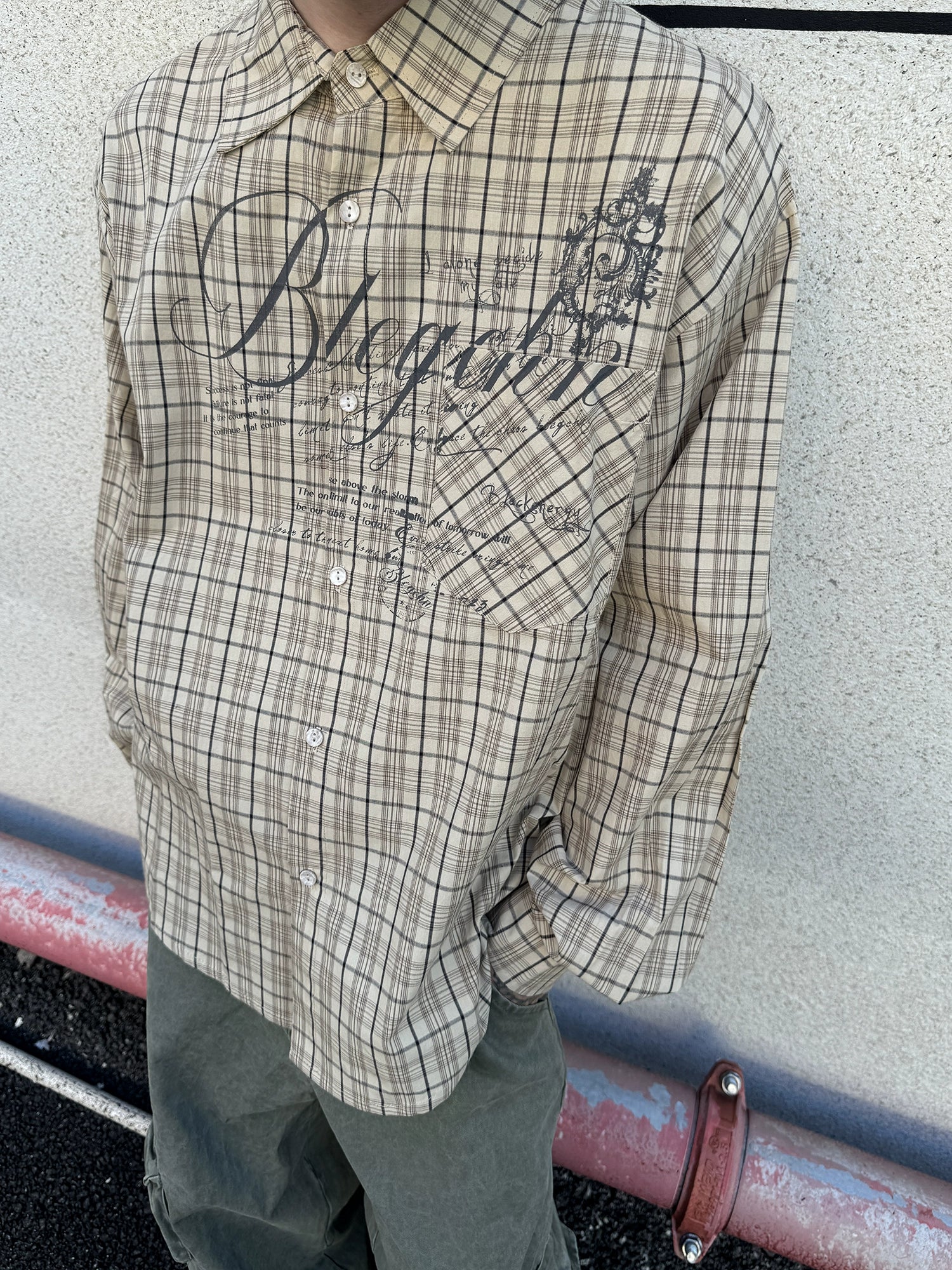 Letter Print Button Oversize Long Sleeve Shirt