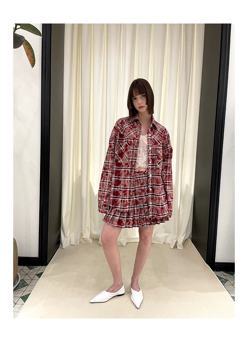 Checkered Washed Oversize Long Sleeve Shirt & Pleated Short Skirt Setup
